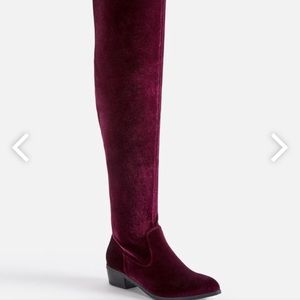 JustFab Thigh High Flat Boot in Burgundy Velvet